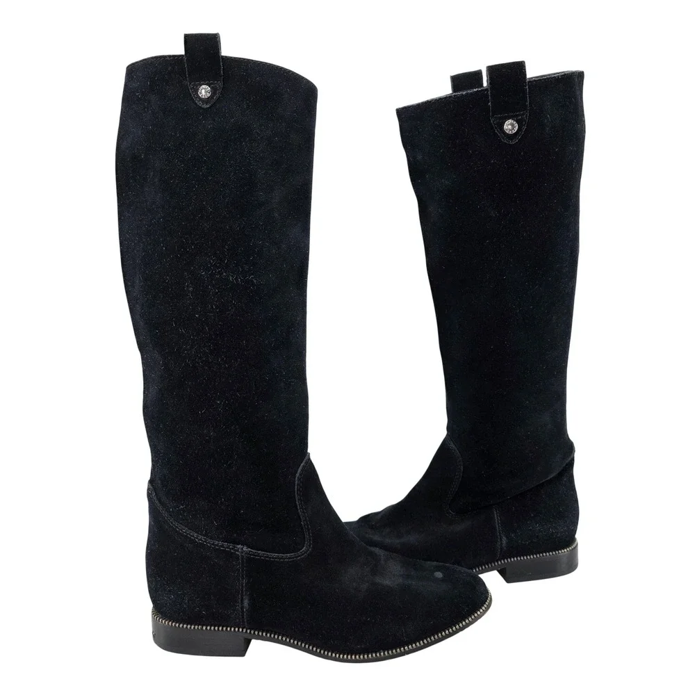 Michael Kors Knee Boots Bayview Black Suede Leather Riding Zipper Trim Pull On 8